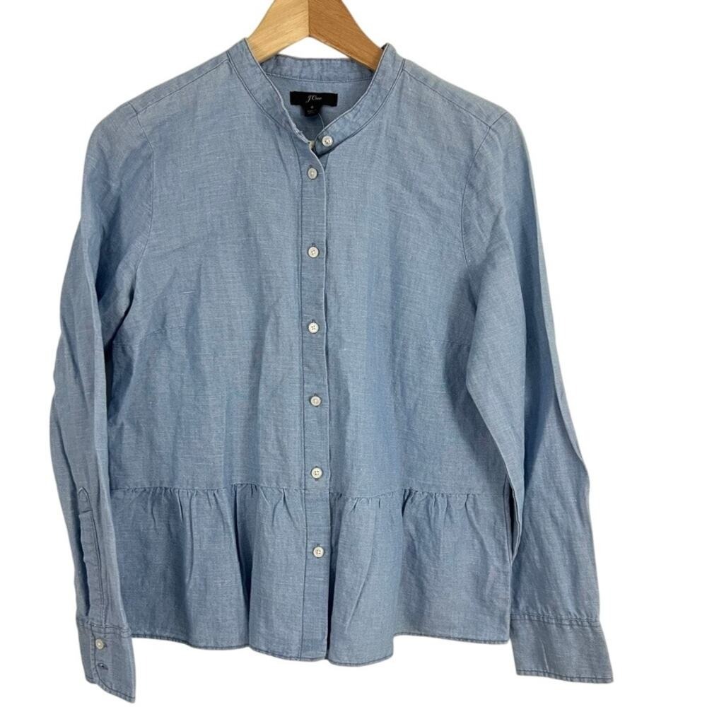J. Crew‎ Chambray Button Down Peplum Top Shirt Blue women Size 4 NEW Linen Blend